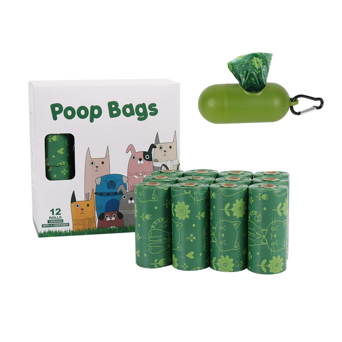Biodegradable Diaper Refills - 180PCS Lemon Scented Disposable Bags for Nappies, Rubbish, Dog Poop (Green) with Complimentary Trash Bag Dispenser