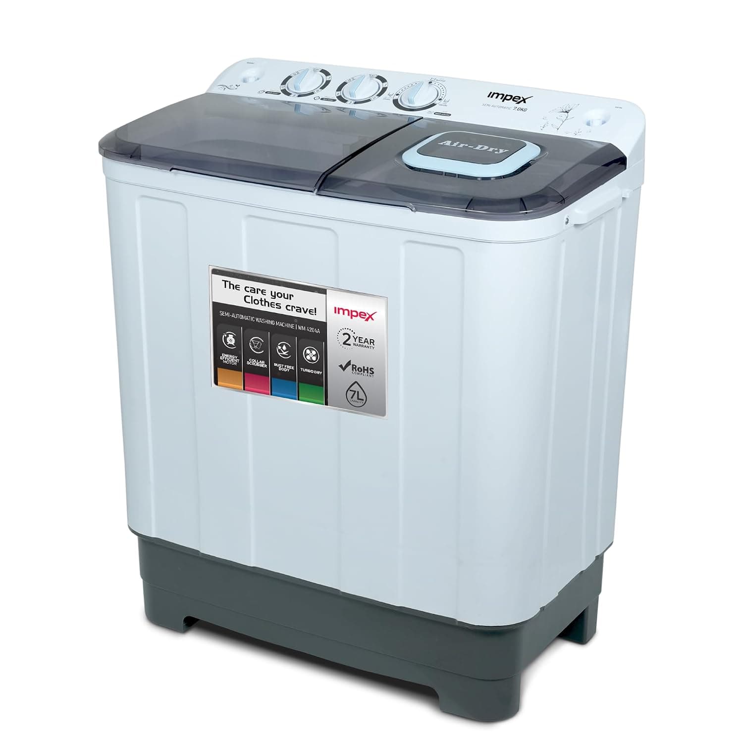Impex 7 Kg Semi-Automatic Twin Tub Washing Machine | Lop-Load Washing Machine with Transparent Lid | Air Turbo, Rust-Free Body, Low Noise Motor, Collar Scrubber, 5 Kg Spin, Hand-Wash Design | WM 4204