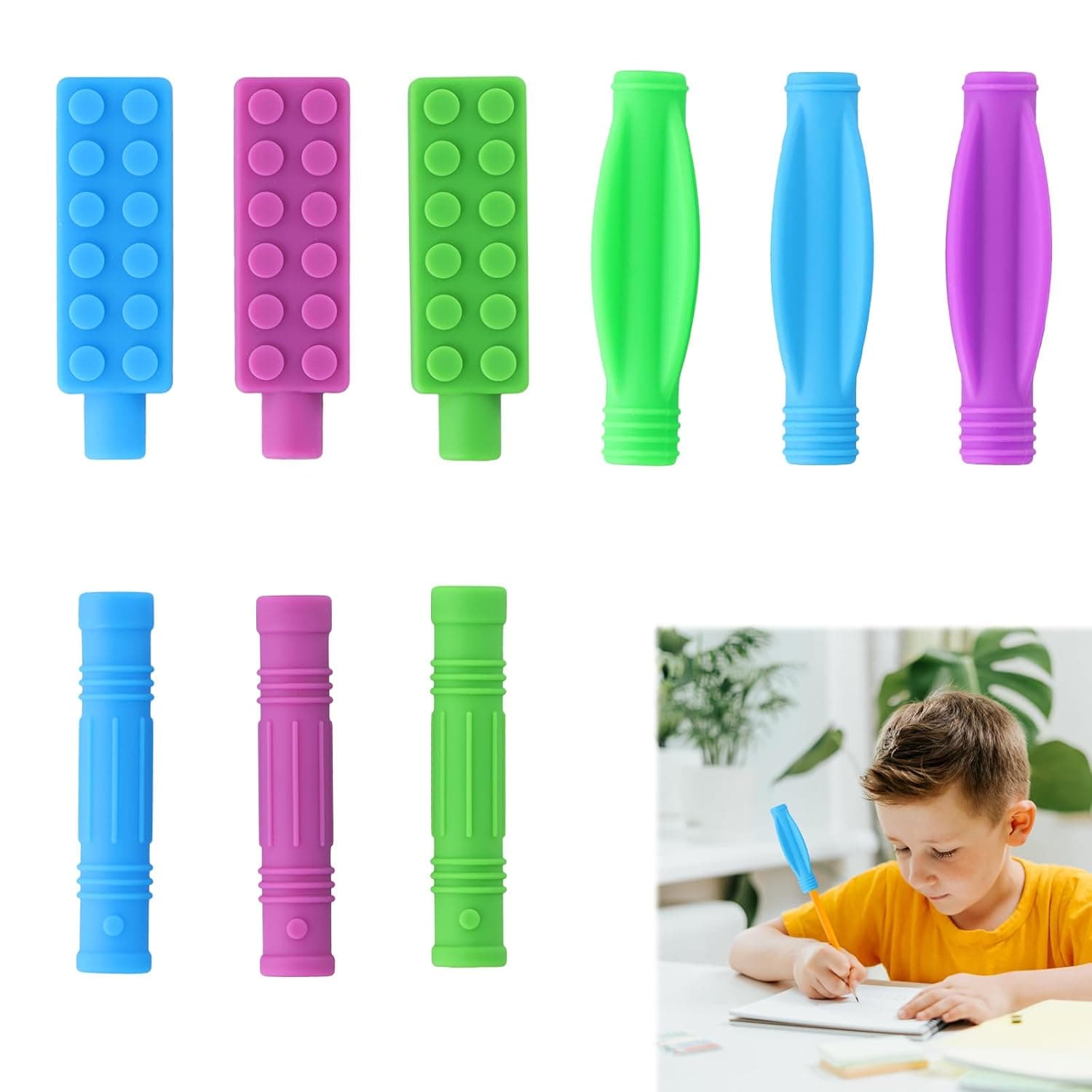 9 Pcs Pencil Topper, 3 Types Chew Attachment Pens for Children Adults, Silicone Chew Chain Boys Girls, Pencil Attachment for Special Oral Motor Needs