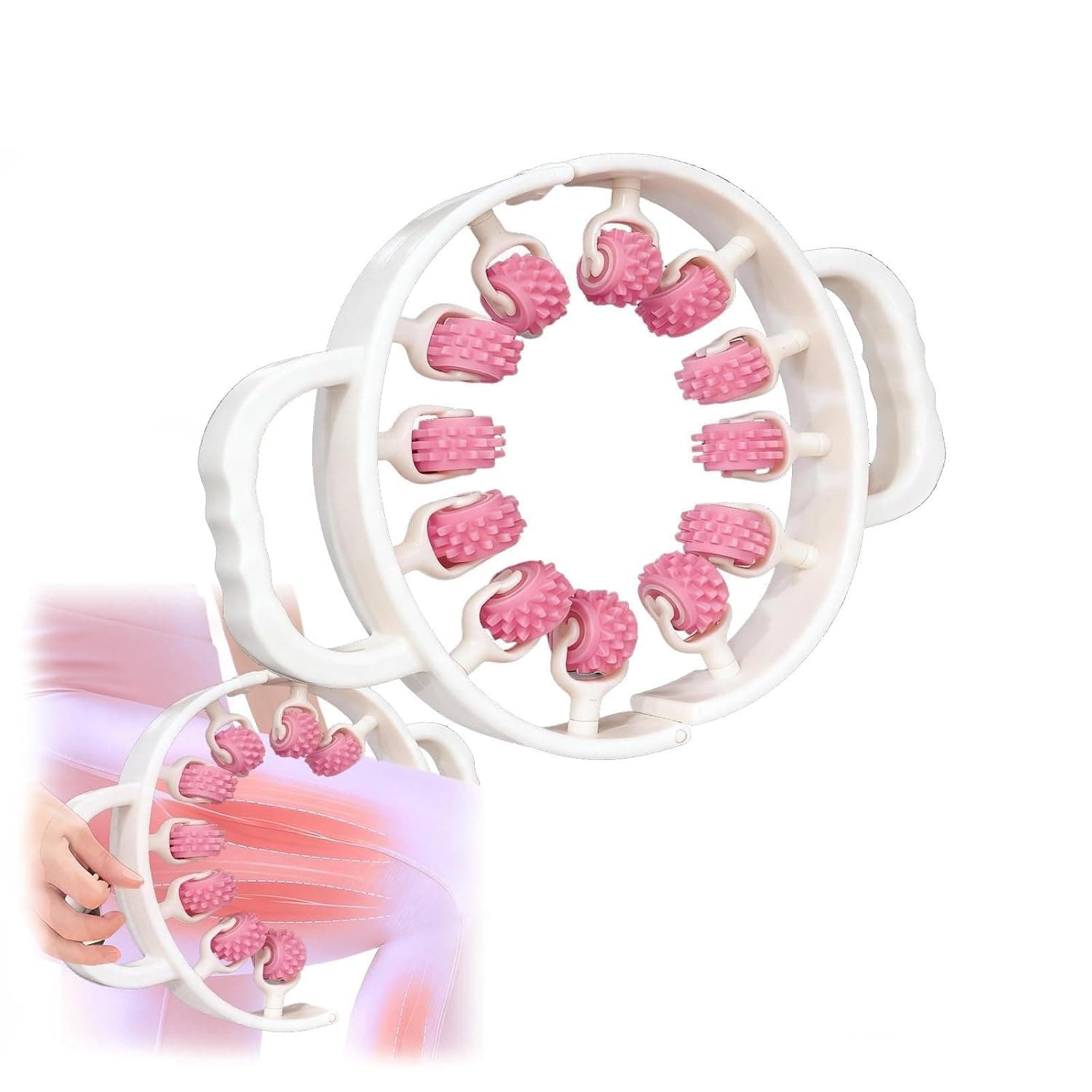 Manual Cellulite Massage Roller for Lymphatic Drainage and Skin Firming, Multi-Roller Fascia Massage Tool for Legs, Arms, and Buttocks, Ergonomic Handheld Massager for Body Toning, Pink