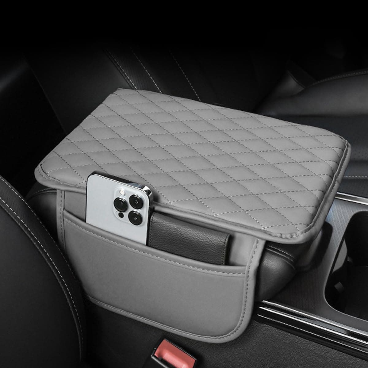 X spring Car Center Console Cover, 32 x 20cm Leather Waterproof Armrest Seat Box Cover Protector, Universal Middle Console Cover Arm Rest Cover with Side Bag, Car Decor Accessories Pad for Vehicle Suv