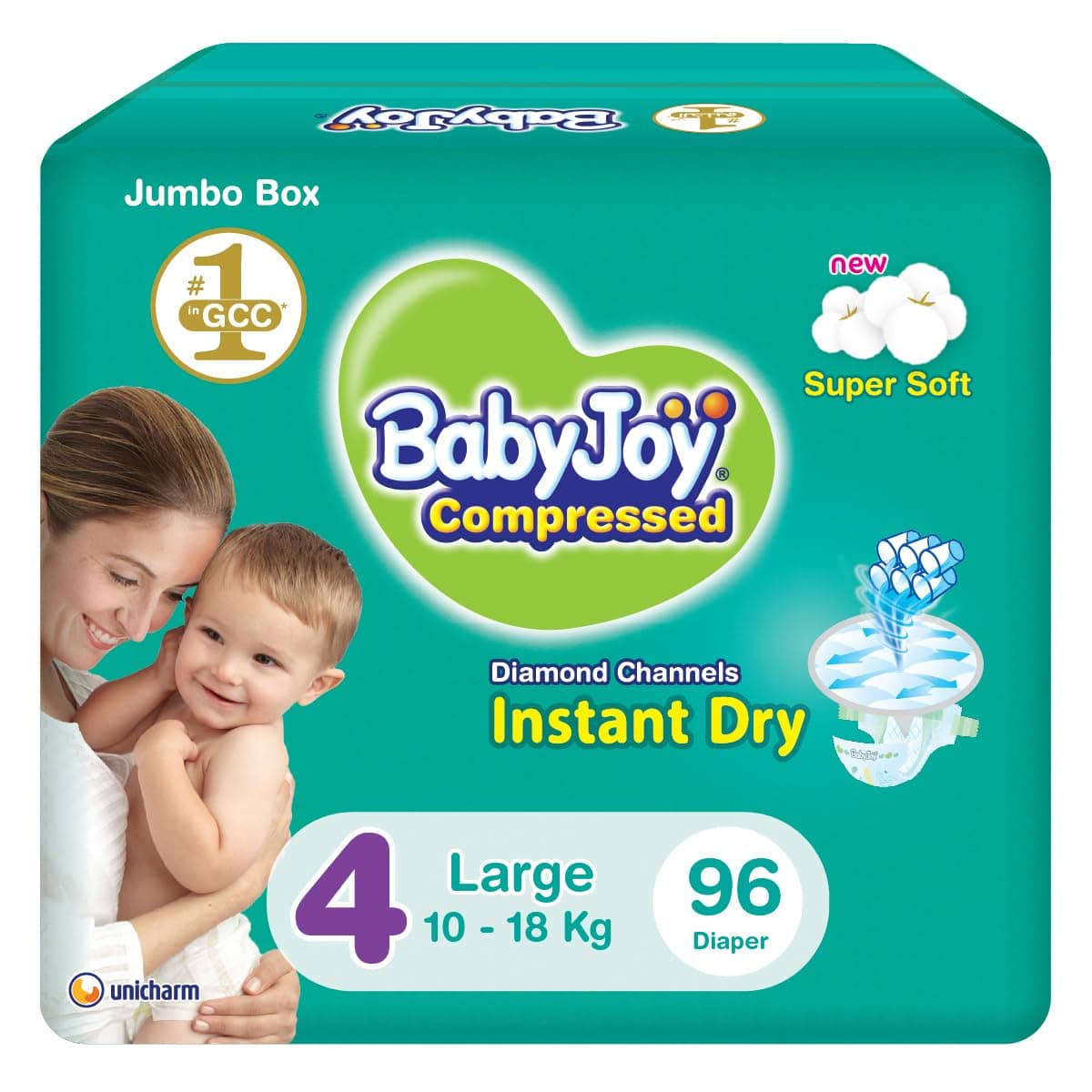 Babyjoy Compressed Diamond Pad, Size 4, Large, 10-18 Kg, Jumbo Box, 96 Diapers