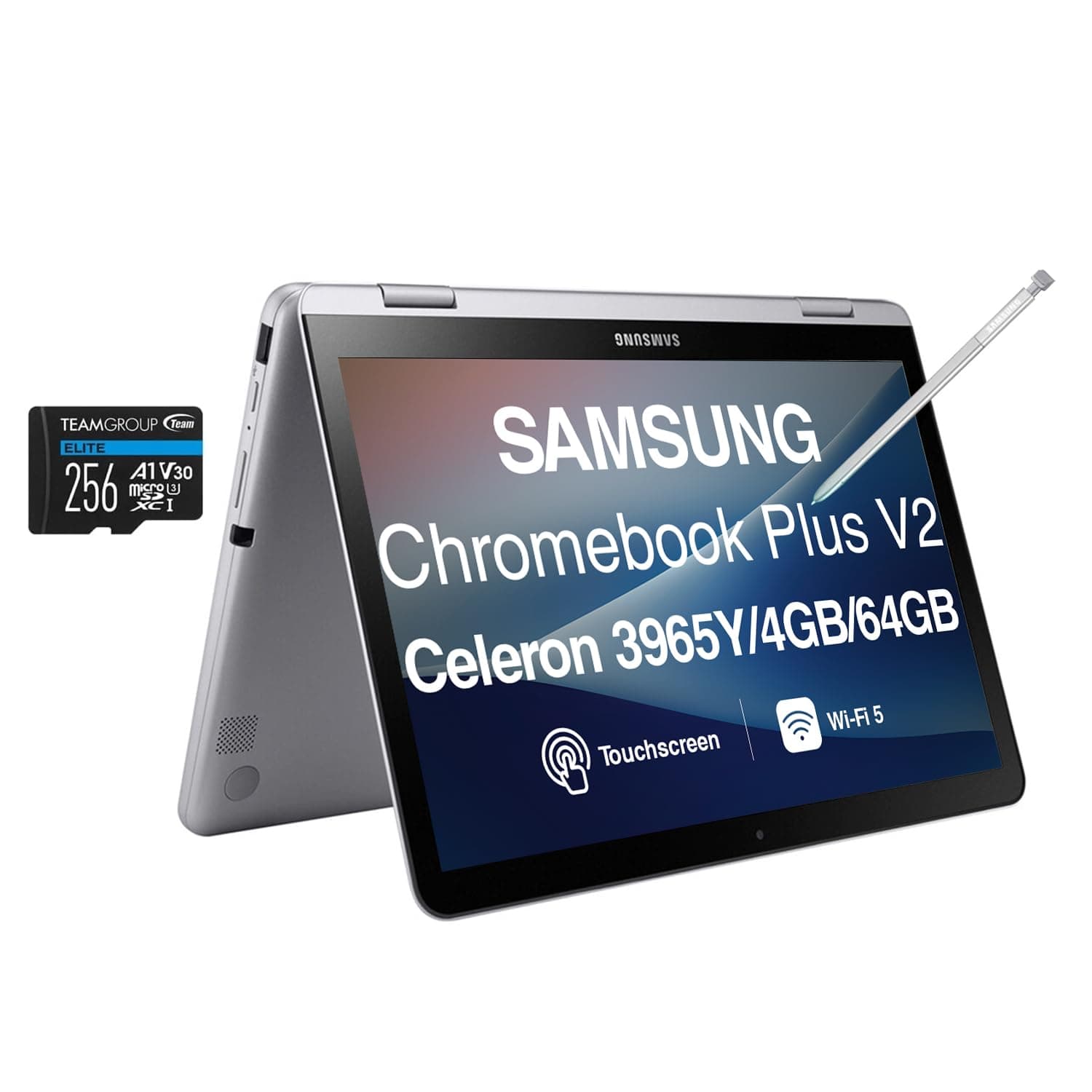 Samsung Chromebook Plus V2 12.2" Business 2-in-1 Laptop (Intel Celeron 3965Y, 4GB LPDDR3, 64GB SSD, Active Pen, WiFi 5, Webcam, Chrome OS) w/256GB microSDXC Card