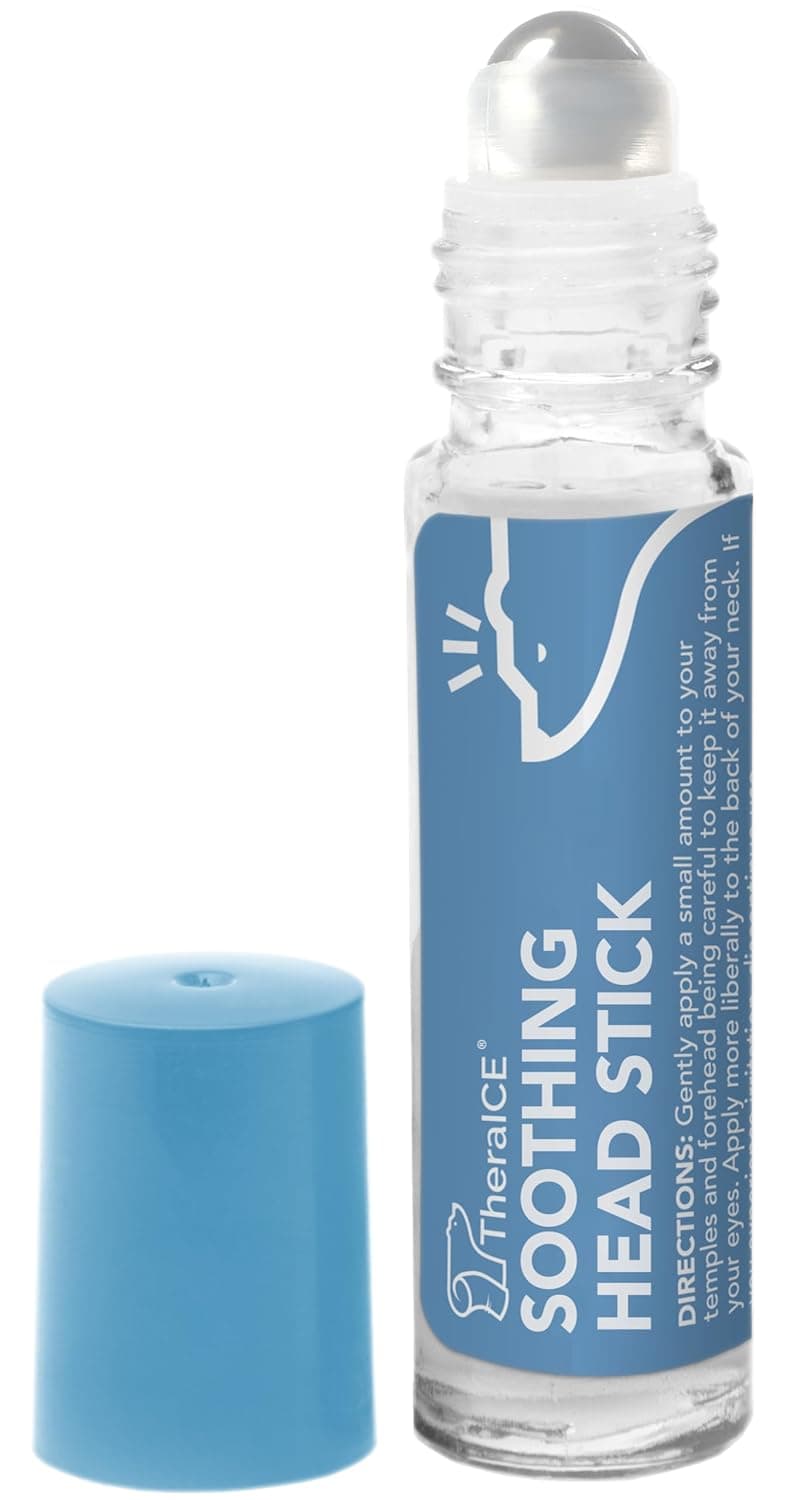 TheraICE Soothing Head Stick 10 ml (.33-Oz) Essential Oil Roll on Aromatherapy for Fast Cooling Comfort: Peppermint, Spearmint, Lavender, Chamomile, Rosemary, Eucalyptus. Metal Roller. USA Made