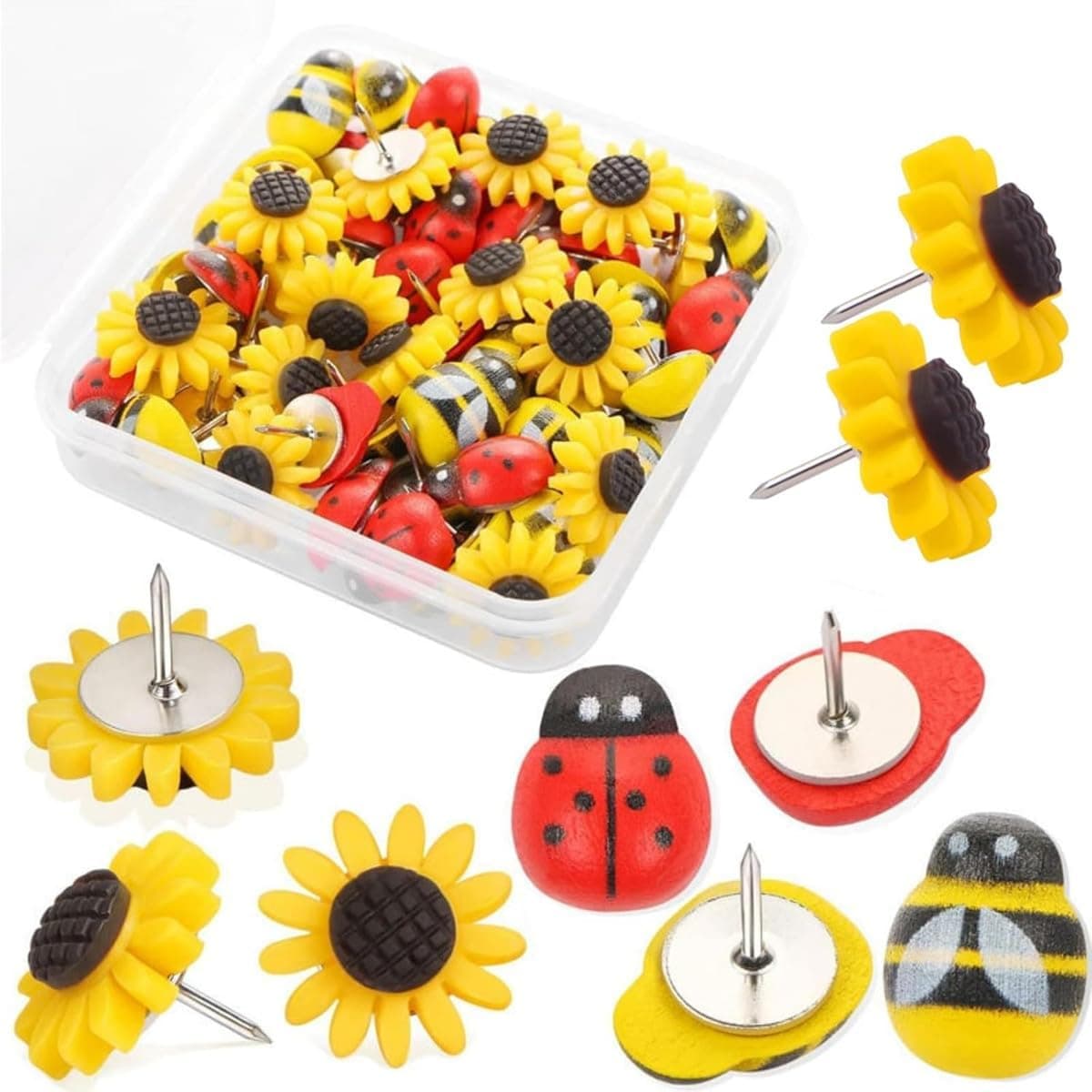 30 Pcs Cute Decorative Sunflower, Bee & Ladybug Push Pins Thumbtacks for Cork Boards, Bulletin Boards, Travel Maps, Photos, Office & School Supplies - Fun Insect Design Map Pins