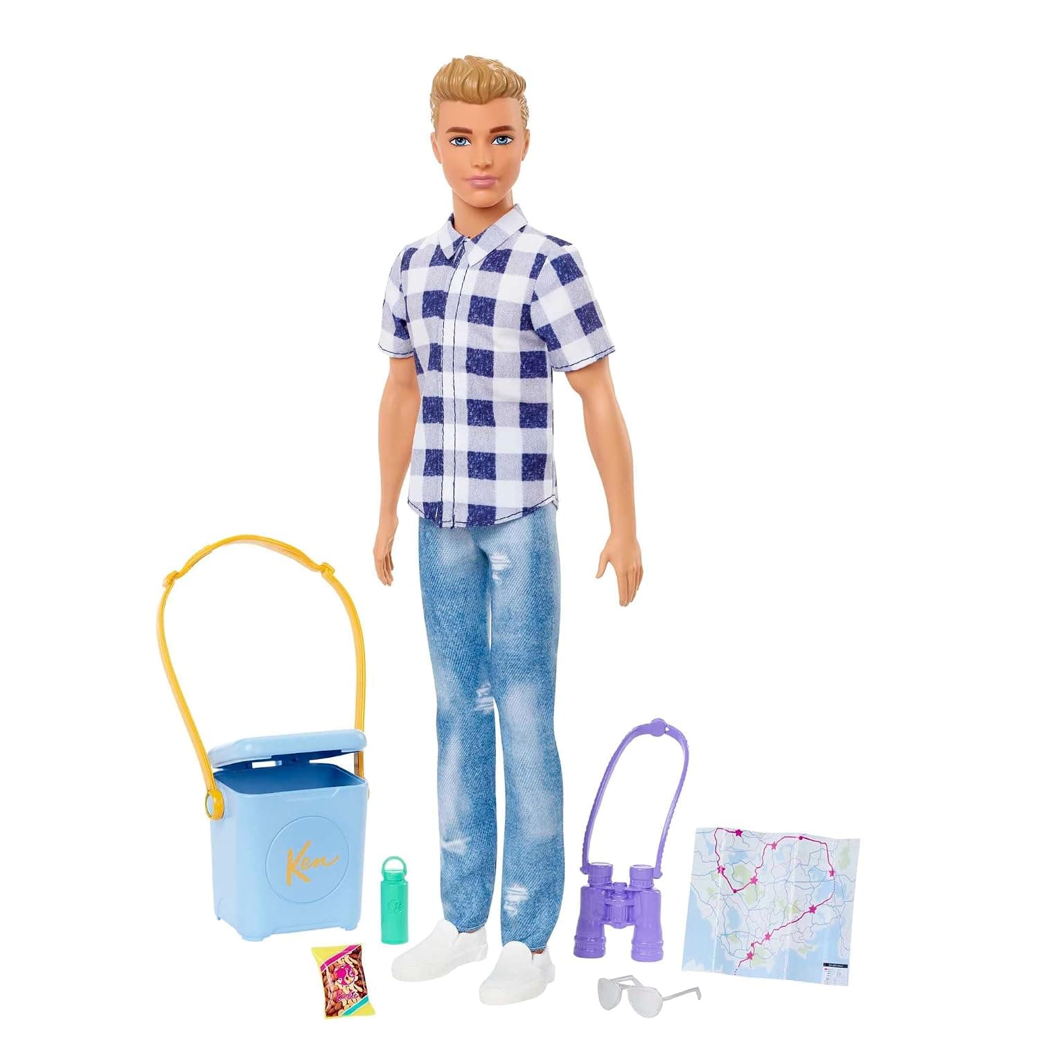 Barbie Doll & Accessories, It Takes Two Camping Set with Cooler, Map & More, Blonde Ken Doll with Blue Eyes in Plaid Shirt