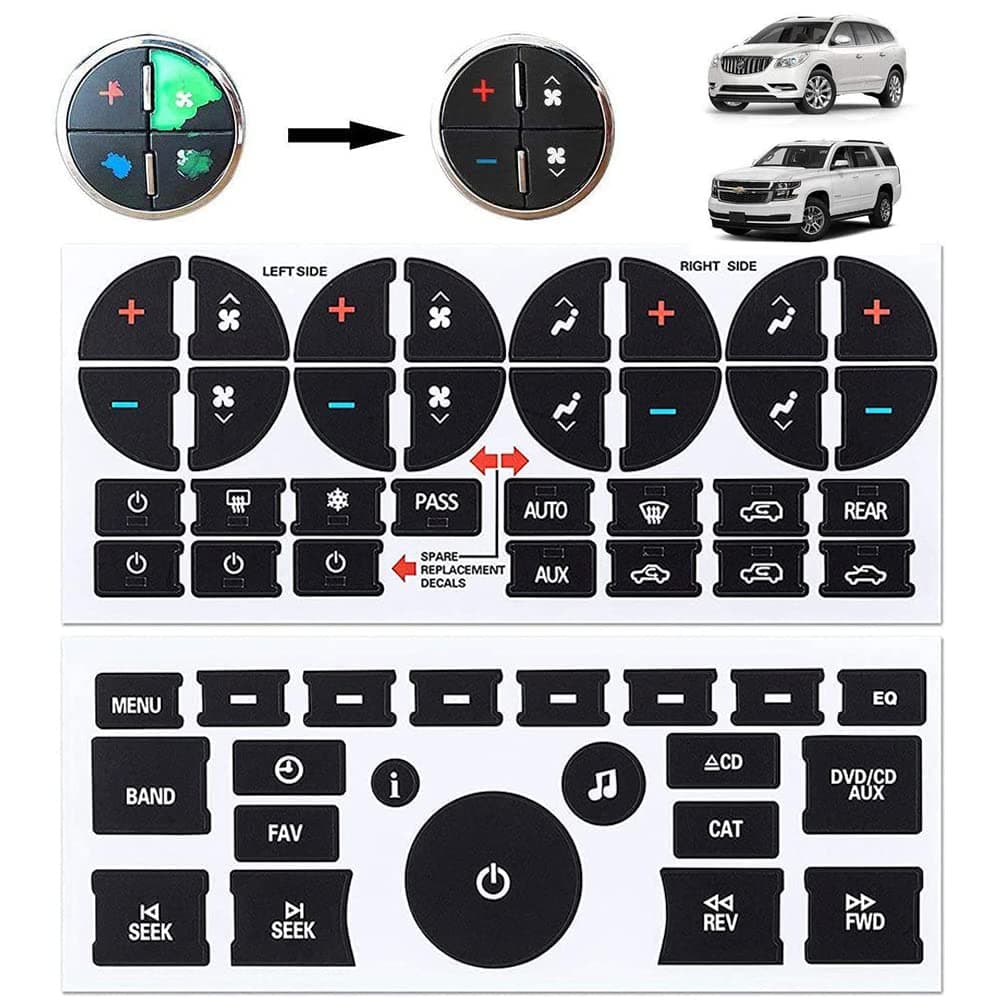 2pcs AC Dash Button Decal + Radio Button Repair Kit Stickers, Decal Replacement for 2007-2015 GM Vehicles Car SUV Van Truck Chevy Accessories