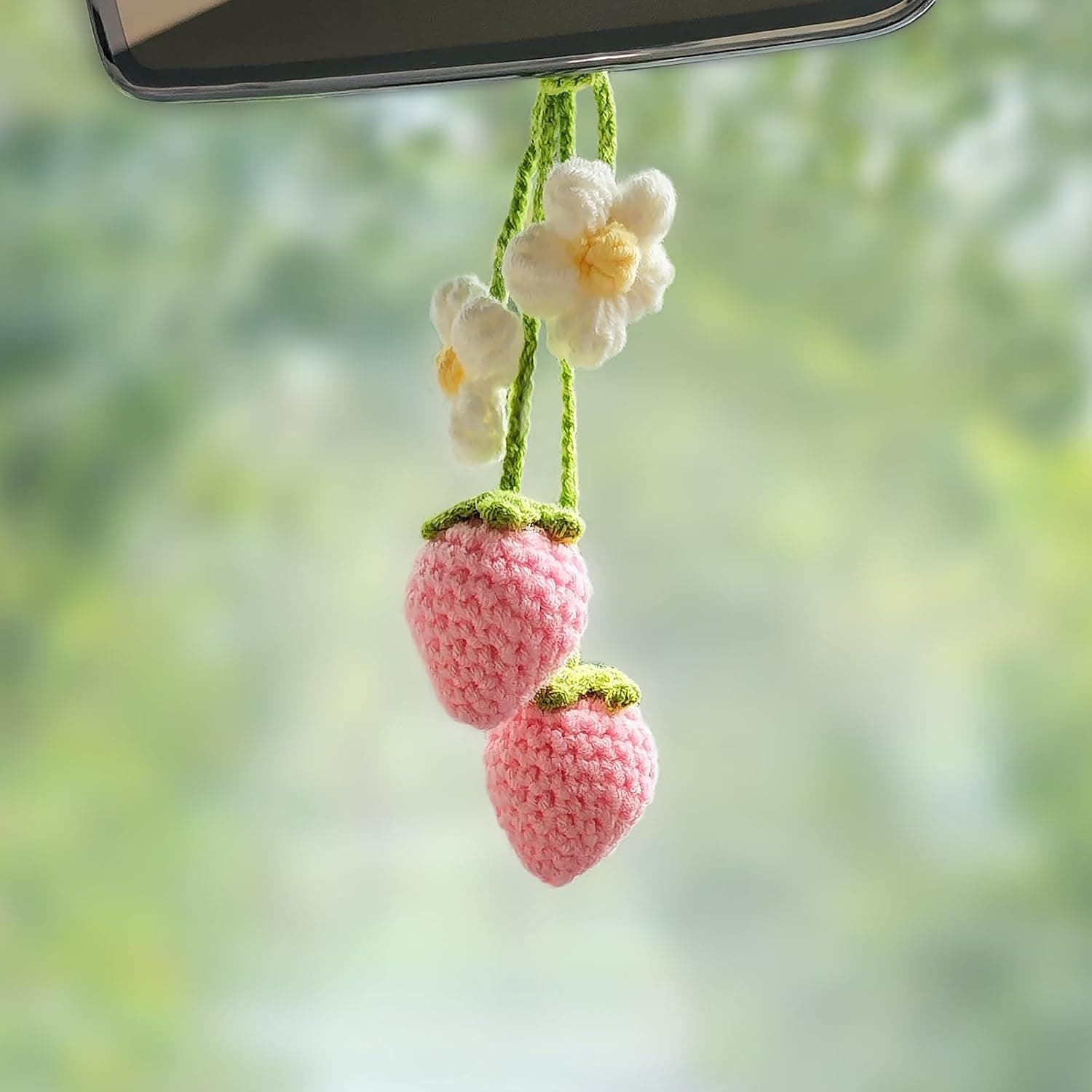 Crochet Strawberry and Flower Car Hanging Ornaments, 2-Pack Handmade Polyester Fiber Cute Aesthetic Rearview Mirror Accessories for Women & Girls