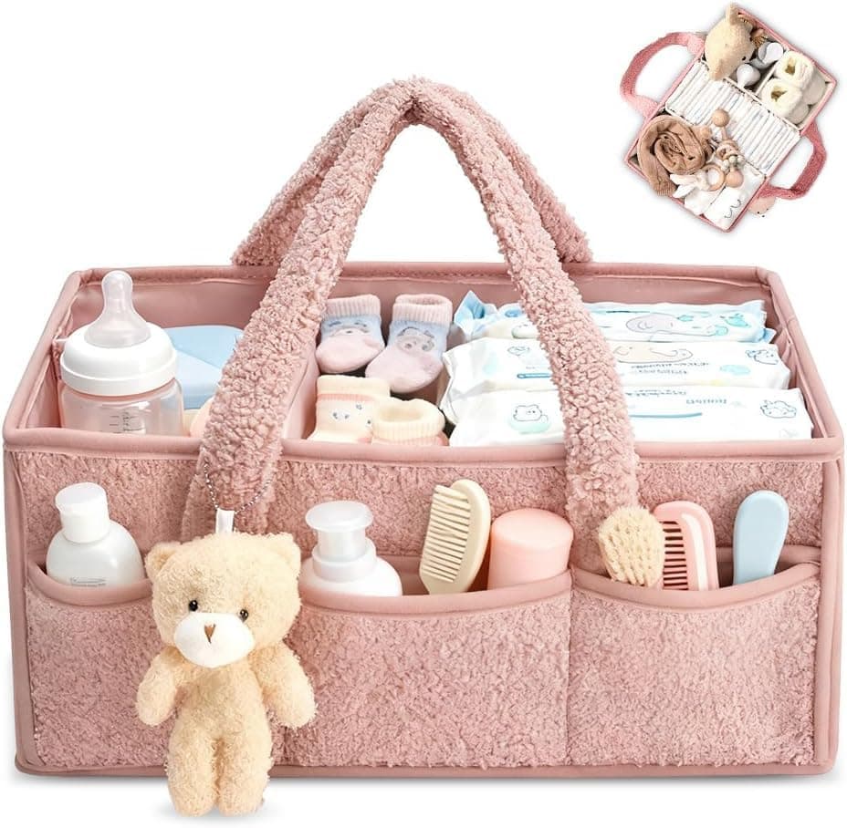 LinJie Baby Diaper Caddy Organizer,Baby Diaper Caddy Organizer With Handle,Versatile Baby Storage Basket For Diapers And Baby Wipes,Newborn Baby Essentials Registry Search Must Haves.(Pink)