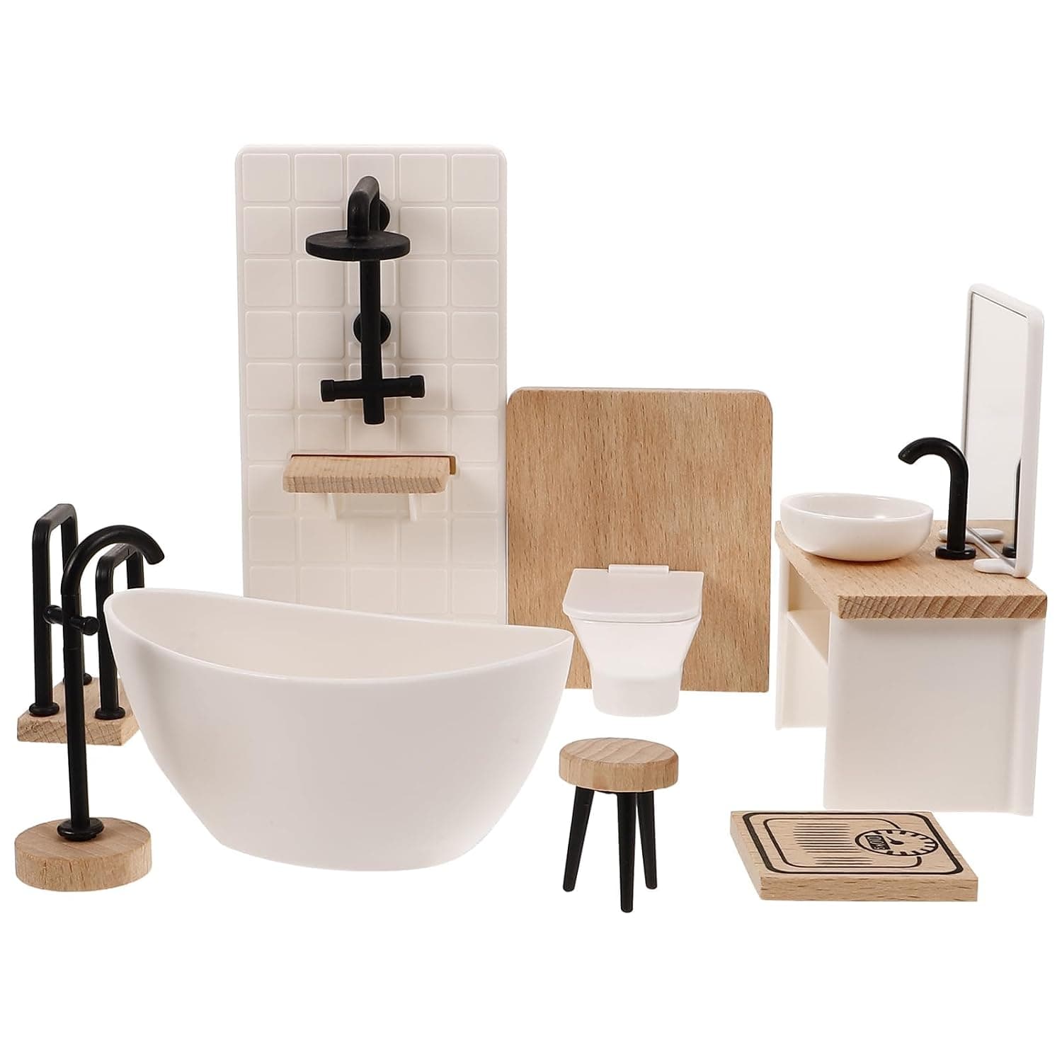 1 Set Dollhouse Bathroom Set: Miniature 1:12 Scale Bathroom Furniture Accessories, Including Sink, Shower, Bathtub, Toilet, and Stool for Dollhouse Decoration ,Perfect for Miniature Bathrooms