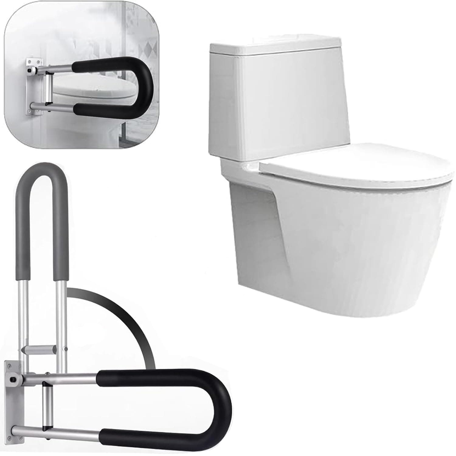 Aluminum Alloy Handrail for Toilet -Fall / -Slip Bathroom Handrail Flip-Up Safety Handrail Screw-In Safety Grab Bar Handle Home Health Care Equipment for Elderly Disabled (with Black Sponge