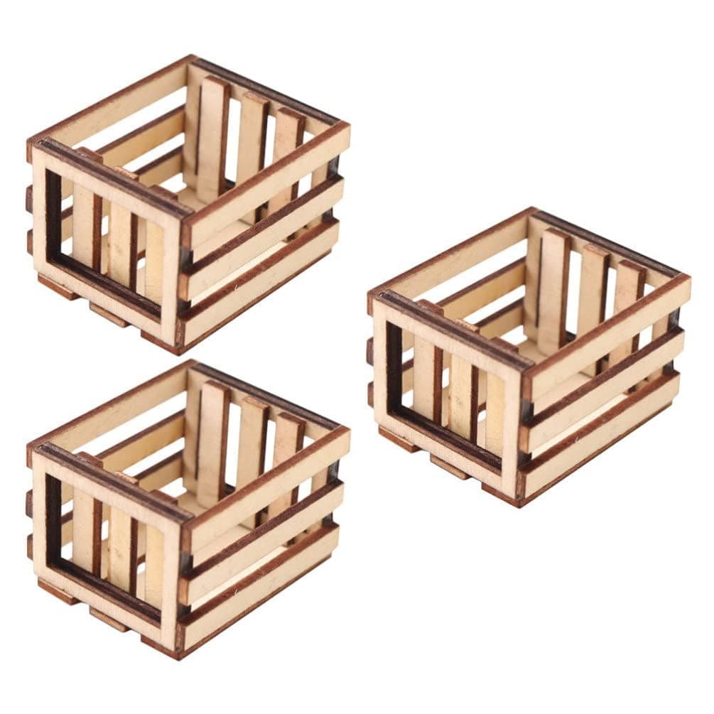 3Pcs Miniature Dollhouse Crate Wooden Miniature Milk Crate Fruit Basket Dollhouse Miniature Decoration Micro Landscape Ornament Small Woven Storage Containersfor Fairy Garden Decor