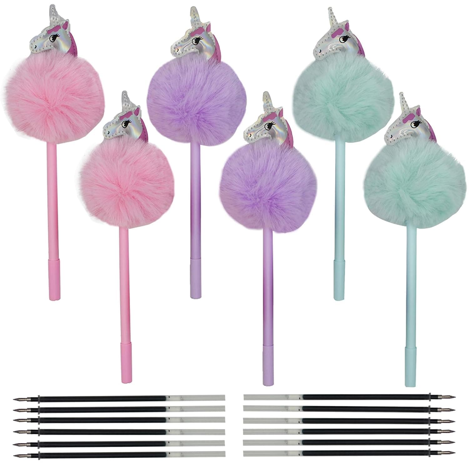 Maydahui 6 PCS Plush Unicorn Pom Pom Pen Fluffy Fur Ball Rollerball Gel Pens Cute Cartoon Animal Pen Wth12 PCS Pen Refills Black Ink for Office School Party School
