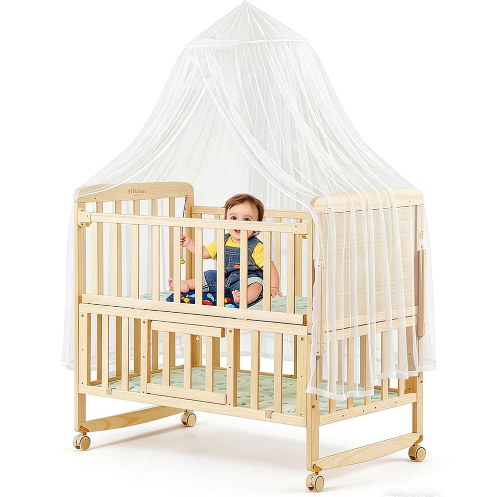 Mababy Convertible Wooden Baby Crib with Extendable Headboard - 10° Bionic Swing, Double-Layer Storage, Mosquito Net, Adjustable Height & Side Rail for Newborns/Toddlers (0-3 Years) (Dinosau) (Beige)