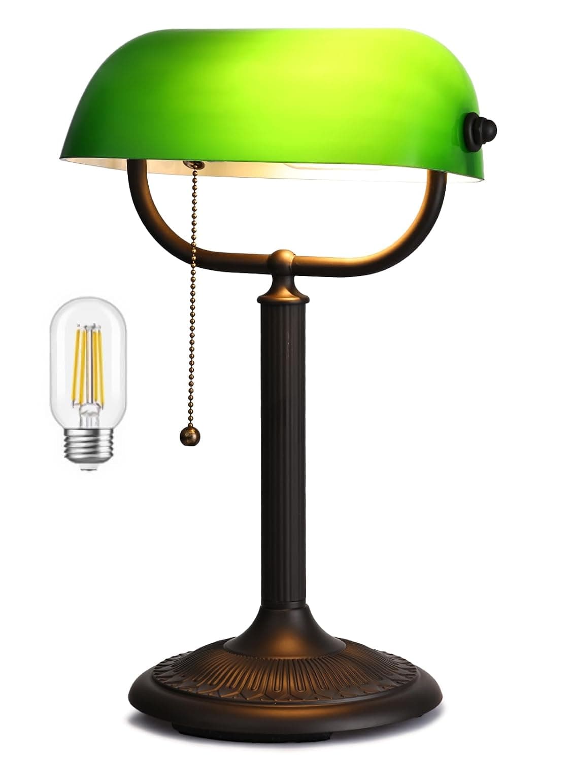 Antique Green Glass Banker Desk Lamp with 1 Minute Quick Change Lampshade for Study Office Bookshelf LED Bulb Included