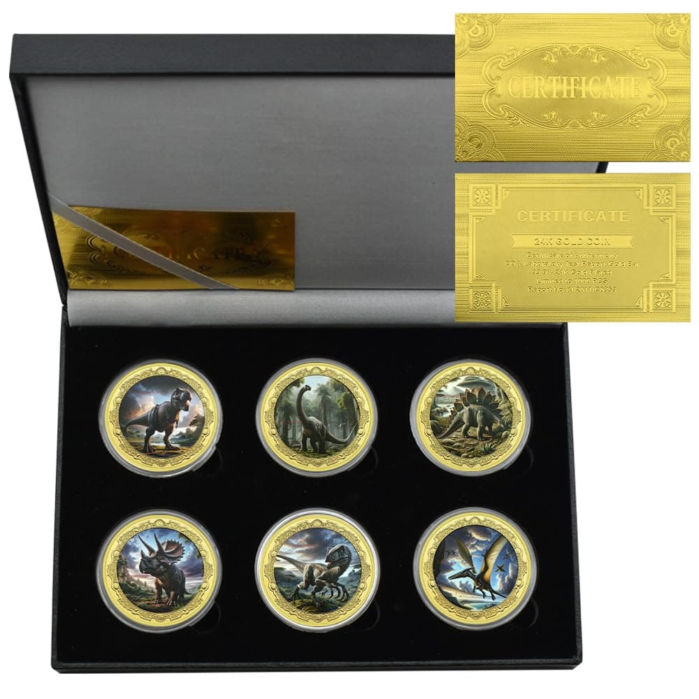 6pc/Box Dinosaur Challenge Coin Tyrannosaurus Rex Pterodactyl Triceratops Metal Medal Collection