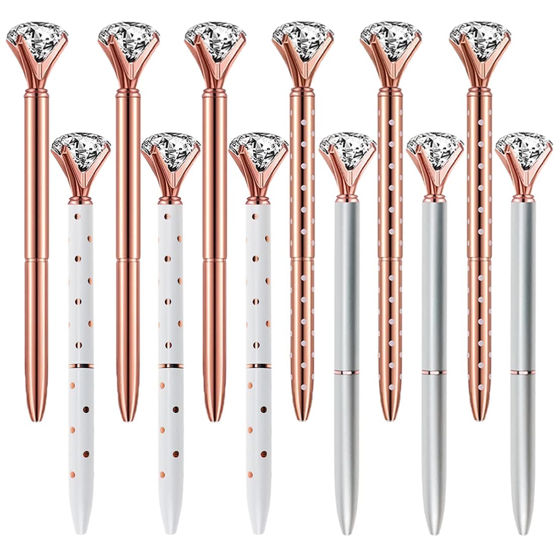Oddmoal Big Diamond Pens Rose Gold & Silver - Unique Metal Bling Crystal Diamond Ballpoint Pens with Black Ink Office Supplie Gifts Pens for Christmas (4 Colors -12 Pens)