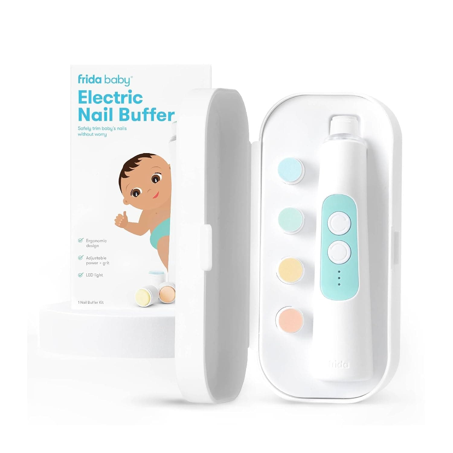 Frida Baby Electric Nail Buffer | Safe + Easy Baby Nail File, Baby Nail Clippers + Nail Trimmer Kit for Newborn, Toddler, or Children's Fingernails/Toenails, 4 Buffer Pads, LED Light, Storage Case | For Newborn & Toddler Fingernails and Toenails, 4 Buffer Pads, LED Light, Storage Case, White