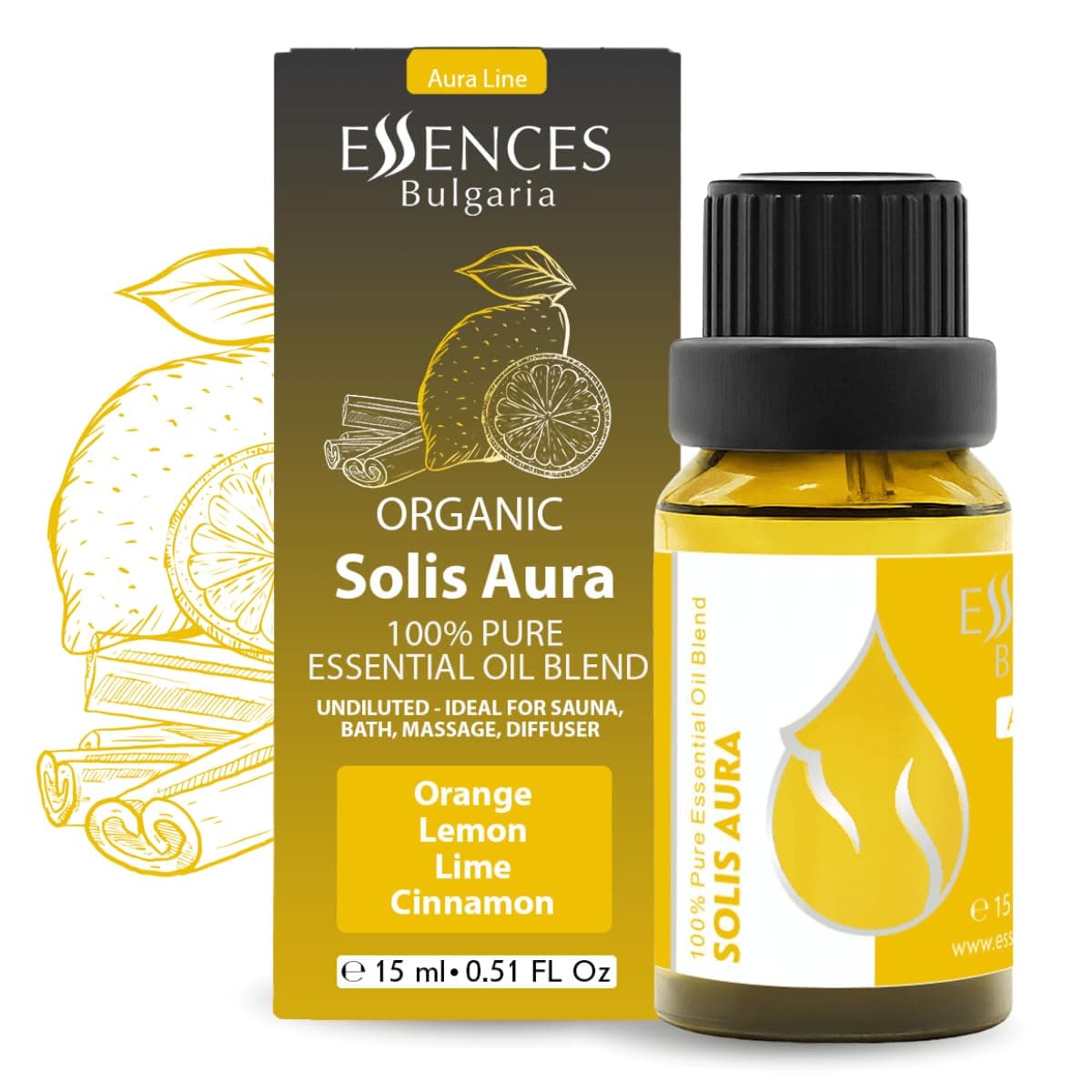 Essences Bulgaria Solis Aura Organic Essential Oil Blend | 15ml | Orange, Lemon, Lime, Cinnamon | Aromatherapy, Sauna & SPA | 100% Pure & Natural | Undiluted