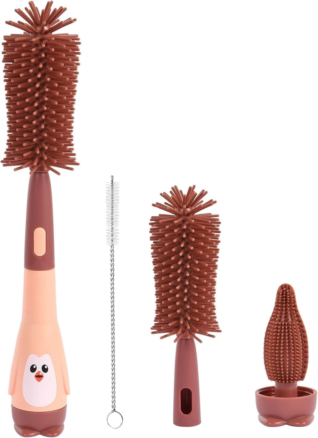 Baby Bottle Cleaning Brush, 3 in 1 Bottle Cleaning Brush, Lollipop Cleaning Brush, Pacifier Cleaning Brush, Silicone Baby Penguin Shaped Brush, Suitable for All Kinds of Bottles and Cups (Red)