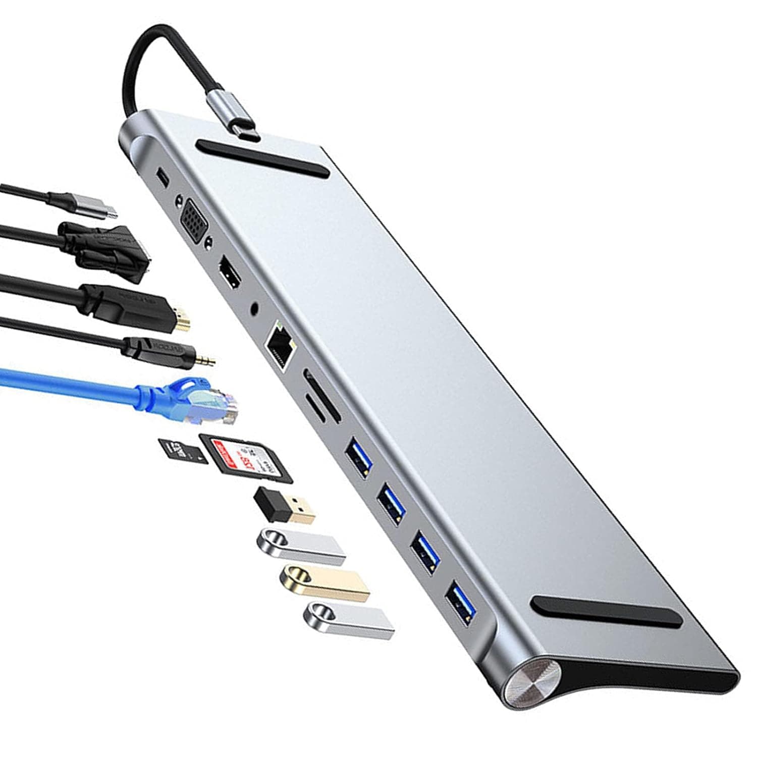 11 in 1 USB C docking station, USB Type C to 4K 30Hz HDMI+VGA,SD/TF card reader,RJ45,4 USB3.0,adapter for MacBook, Mac Pro, Mac Mini, iMac, Silver