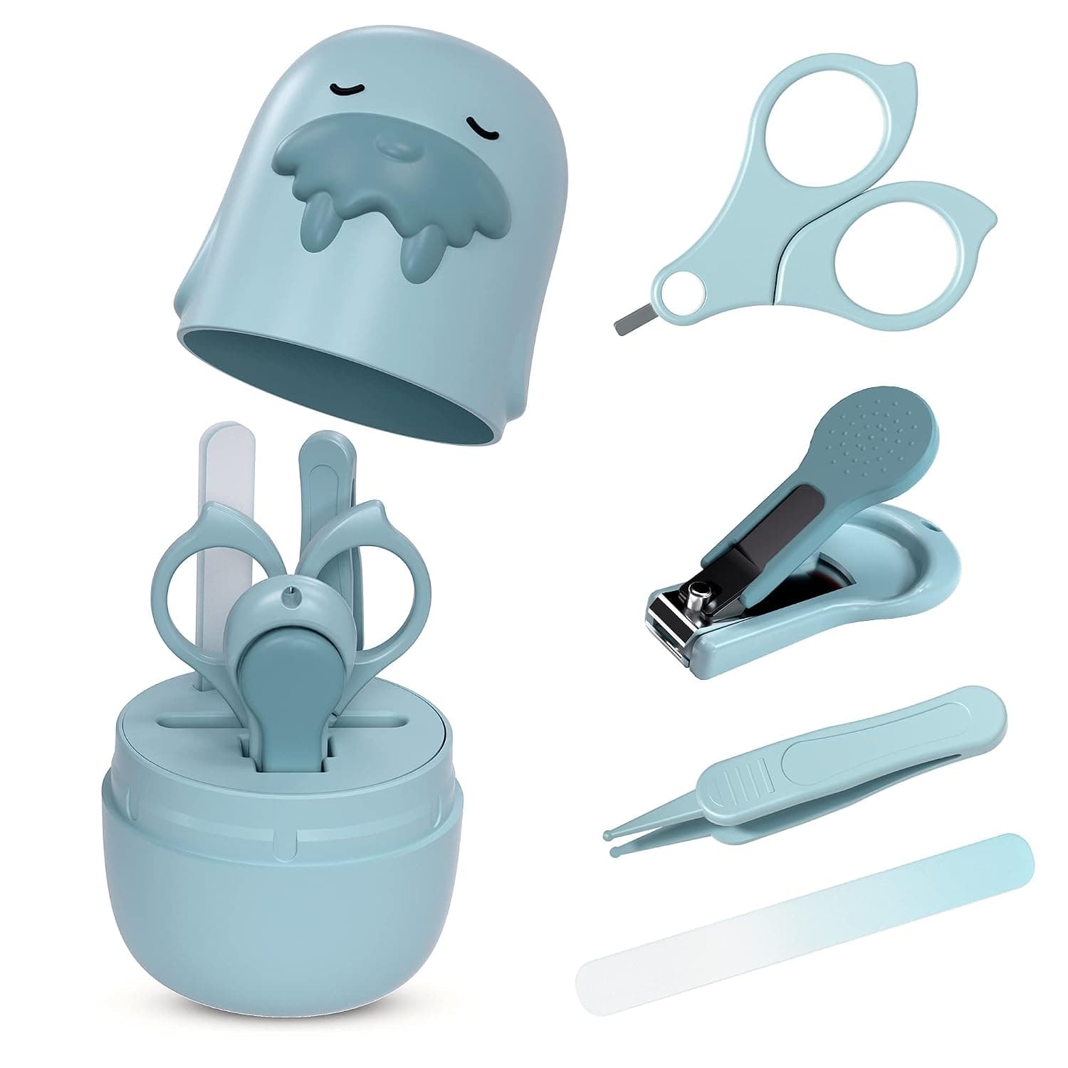 Baby Nail Clipper Kit, 4-Piece Baby Manicure and Pedicure Beauty Kit Newborn Nail Clipper File with Cute Protective Cover Scissors Tweezers Anti-Pinch Flesh Care Tools (Blue)