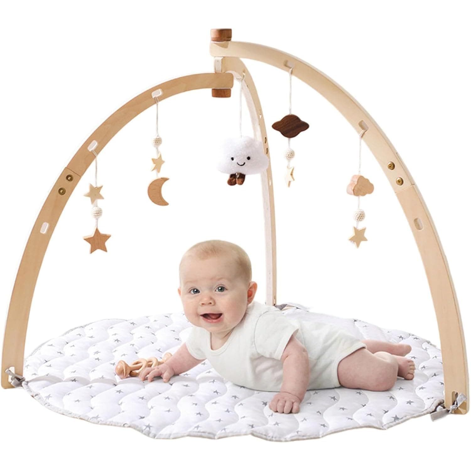Wooden Baby Play Gym with Play Mat, Foldable Foldable Activity Gym Center with 5 Hanging Sensory Toys, Montessories Toddler Developmental Gym Toy for Newborn Baby Girls and Boys