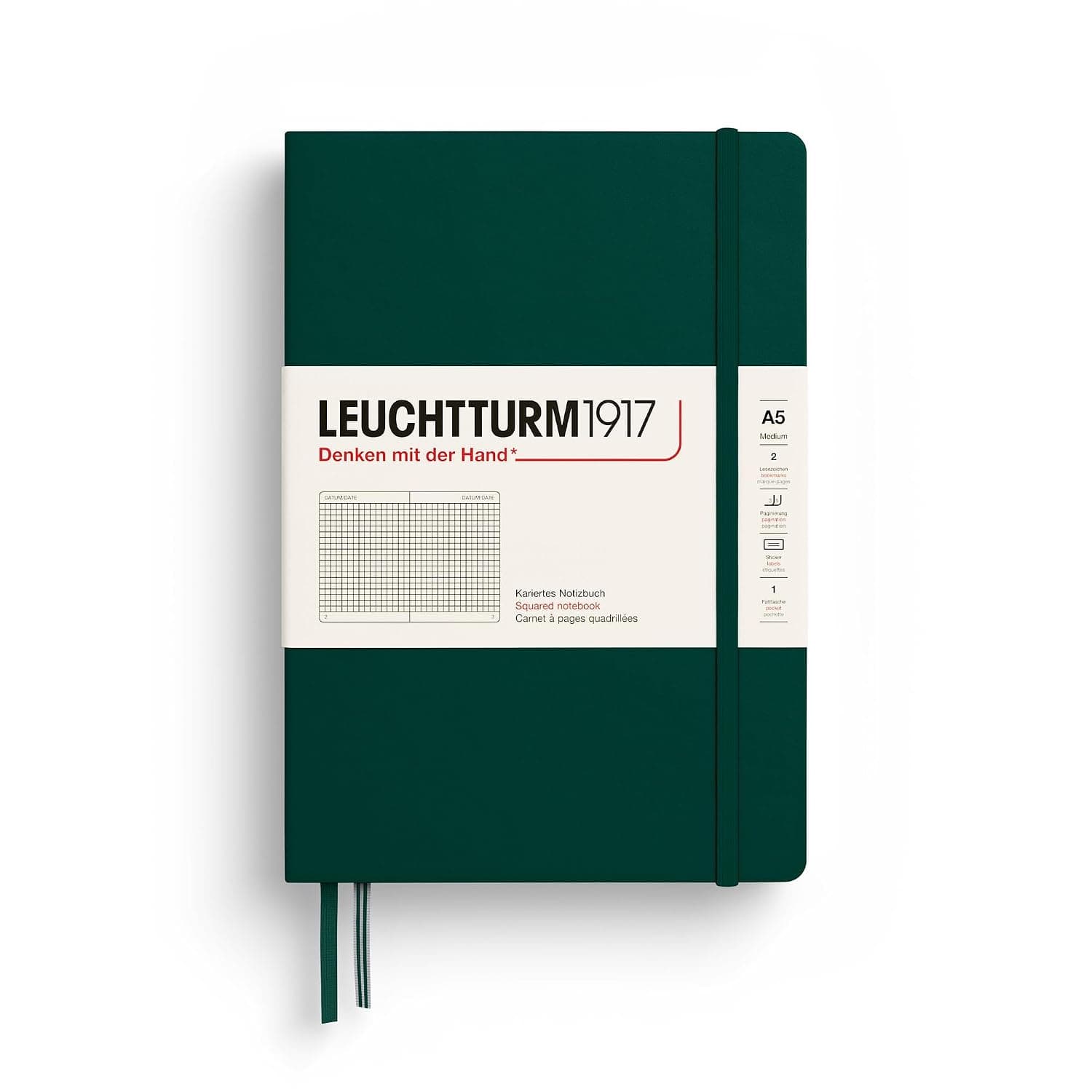 LEUCHTTURM1917 367257 Notebook Medium (A5), Hardcover, 251 Numbered Pages, Forest Green, Squared