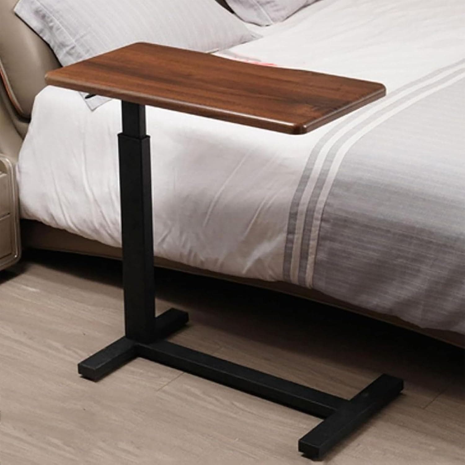 Overbed Table with Wheels, Height Adjustable Portable Mobile Standing Desk&Laptop Cart,C-Shaped Side Table for Small Spaces Home Office Workstation Hospital(Brown)