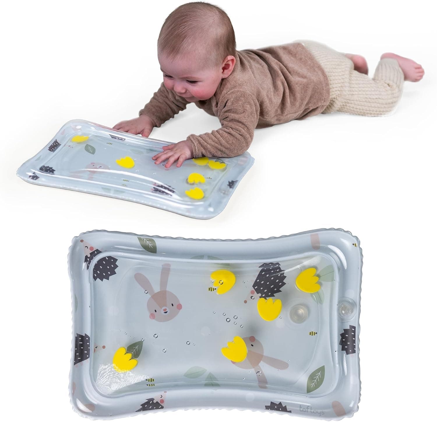Taf Toys Tummy Time Water Mat for Babies - Stimulating Rabbit & Hedgehog Tummy Time Sensory Mat with Water Fill - Baby Tummy Time Play Mat, Water Mat for Babies, Infant Toys, Medium, Grey