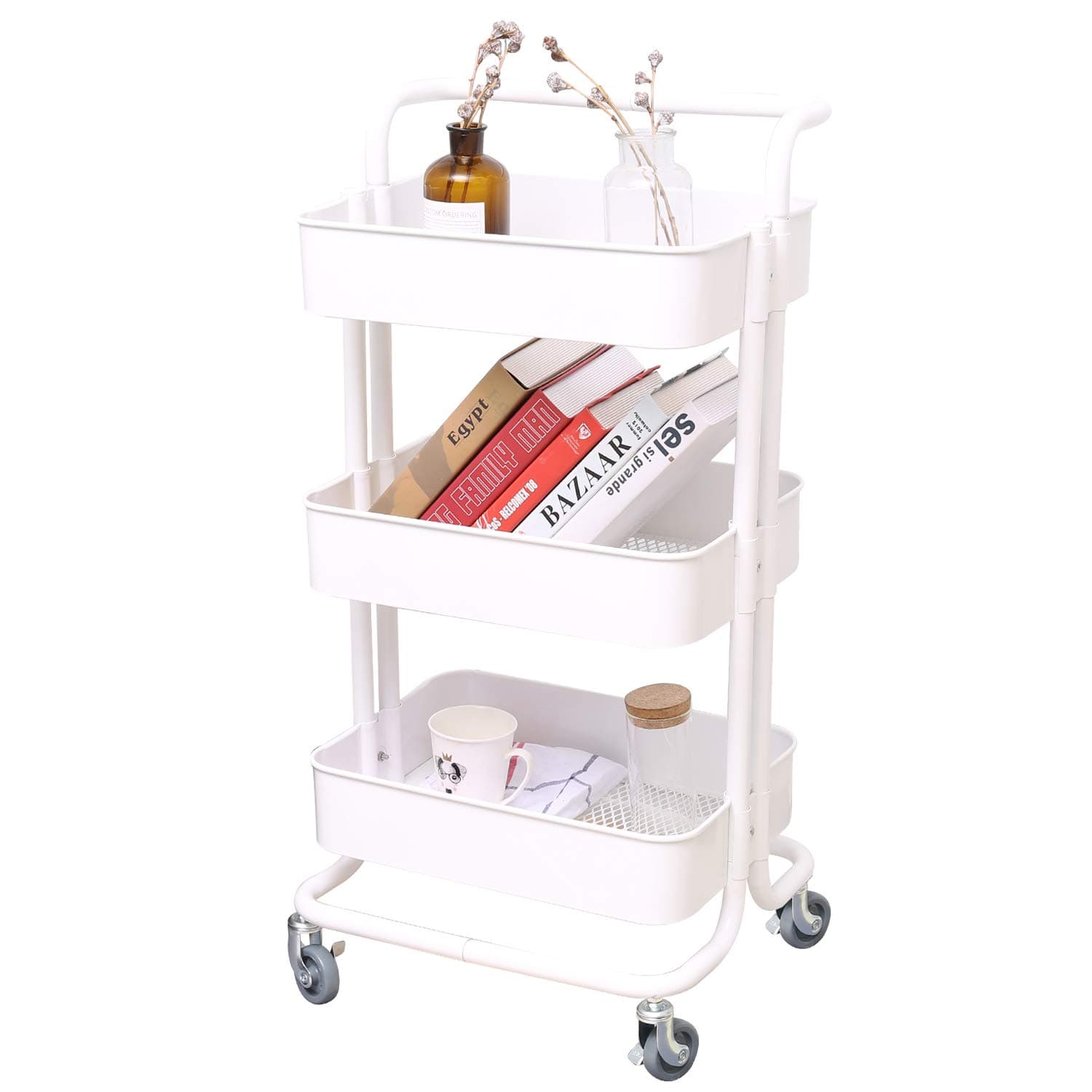 Melody House 3-Tier Metal Mesh Storage Utility Cart with Brake Caster Wheels, Rolling Cart with Utility Handle