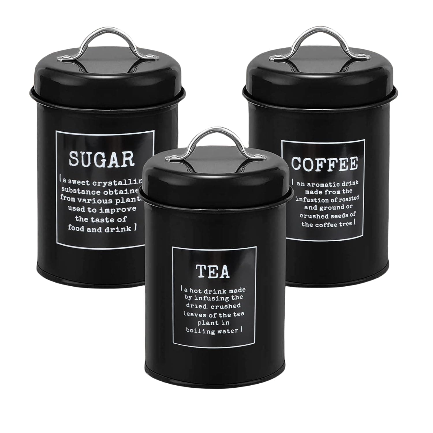 Set of 3 Airtight Kitchen Canister Decorations with Lids, Tea Coffee Sugar Metal Containers, Decorative Nesting Kitchen Canister Jars, Food Storage, 18×10.1cm (Black)