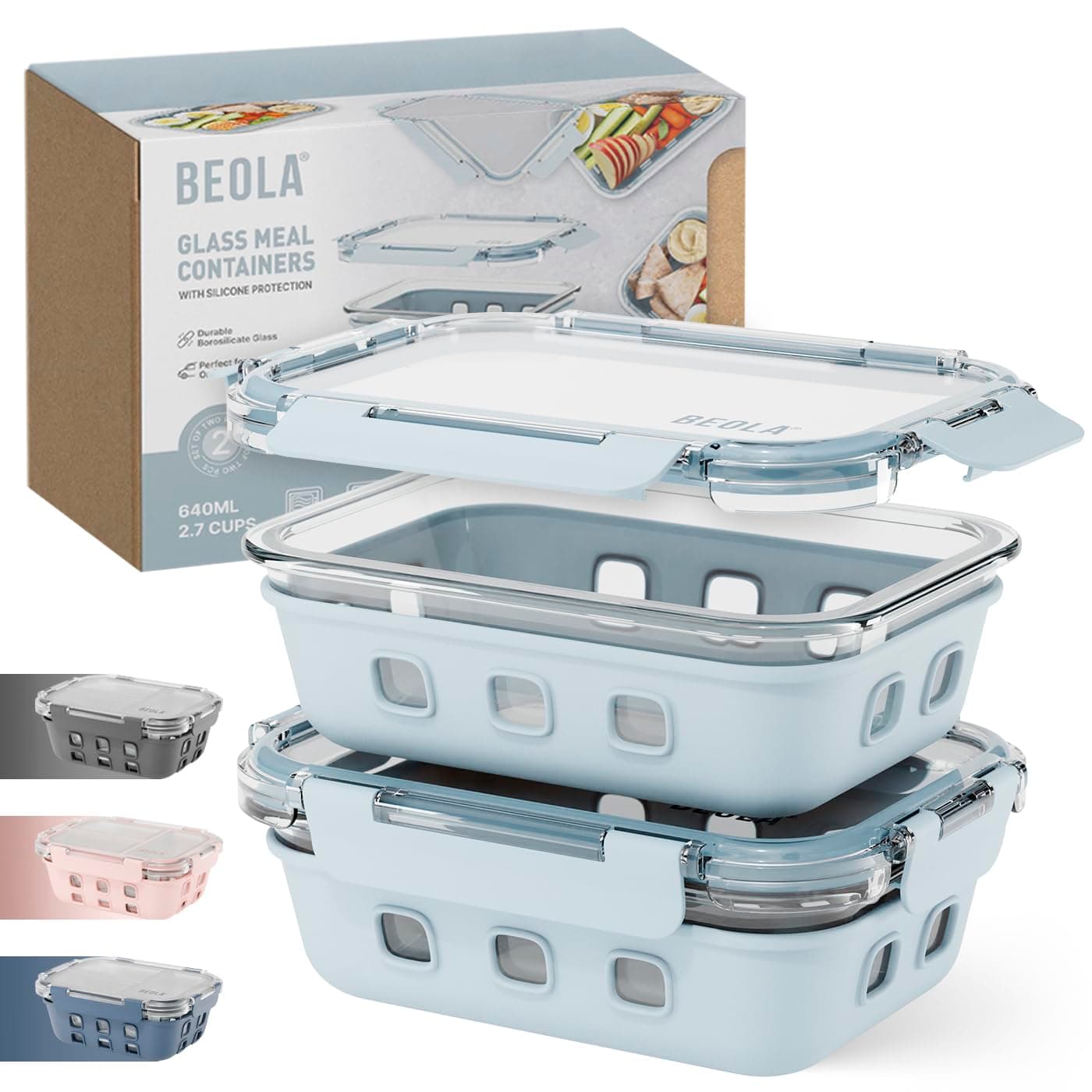 BEOLA Set of 2 Glass Food Storage Containers, Lunch Box, with Airtight Lids and Silicone Protection, Leakproof Food Organizer, Freezer, Dishwasher, Microwave Safe, Kitchen Organizer(640ml, Ice Blue)