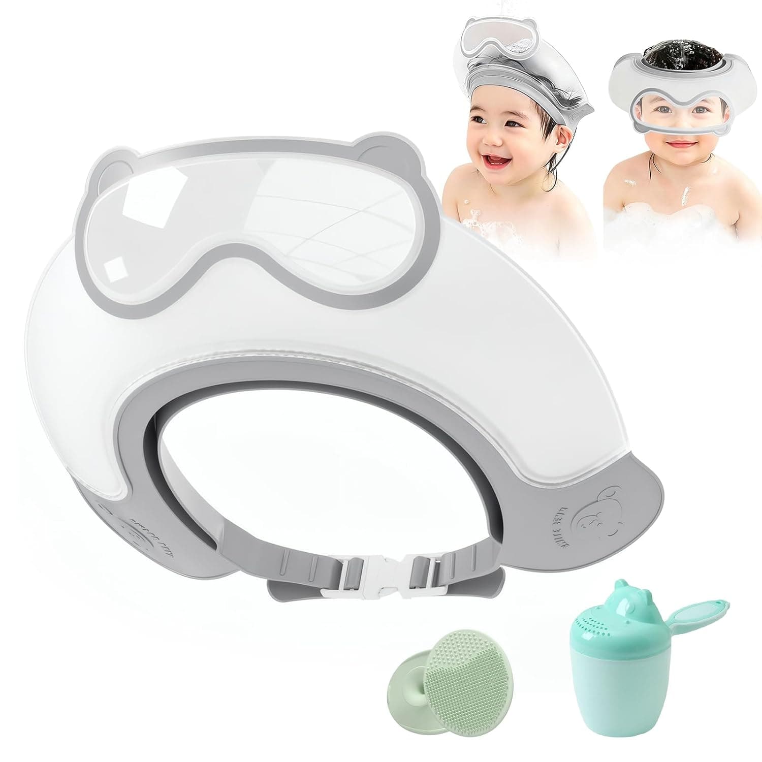 3 PCS Kids Bath Shampoo Set, Baby Shower Cap, Shower Cup with Hair Shampooing Brush for Toddlers, Toddler Hair Washing Shield, Adjustable Bath Hats, Silicone Visor Guard Shower Cap (Grey)