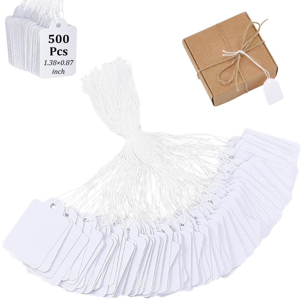 CRASPIRE 100Pcs Price Tags White Blank Paper Price Tags with Writable Price Pre-strung Display Tag 1.38 x 0.86inch for Hanging Pricing Clothing Jewelry Gifts Wrapping Hang Merchandise Marking