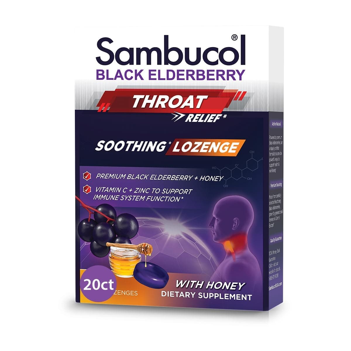 Sambucol, Black Elderberry Pastilles with Honey, Supports immunity & High antioxidant levels, 20 Pastilles, Throat Lozenge + Vitamin C + Zinc