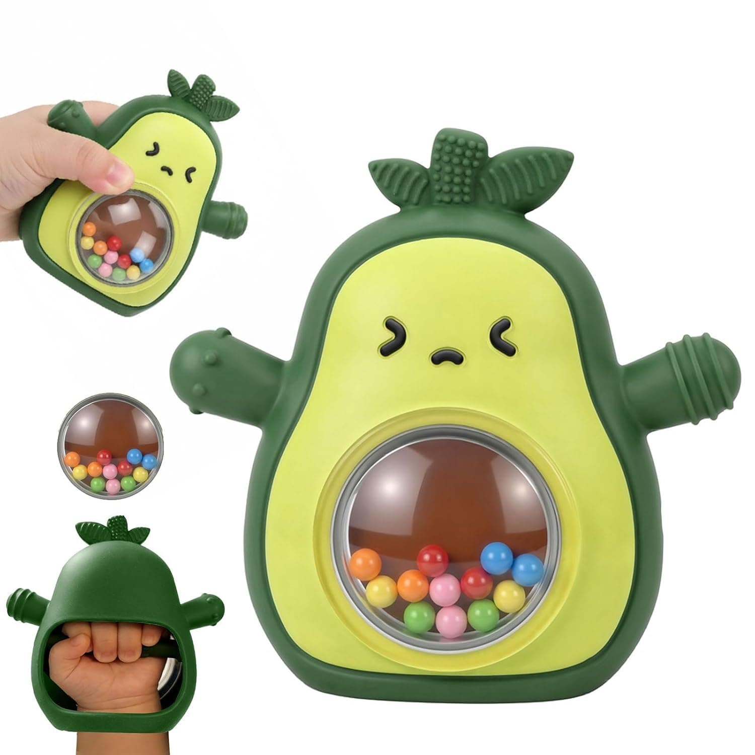 Baby Rattle Teething Toys, Silicone Avocado Teething Mitten, for Grasping Chewing Sucking Hearing Needs-Baby Teether for Teething Relief-BPA Free Baby Shower Gifts (Green)