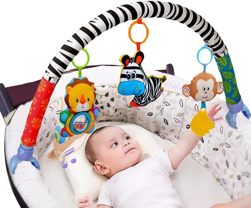 AMERTEER Toy Bar for Baby Bouncer | Stroller Arch Toy | Baby Travel Play Stroller Hanging Toy Accessories | Cloth Animal Baby Bouncer Toy Bar with Rattle for Sensory and Motor Development