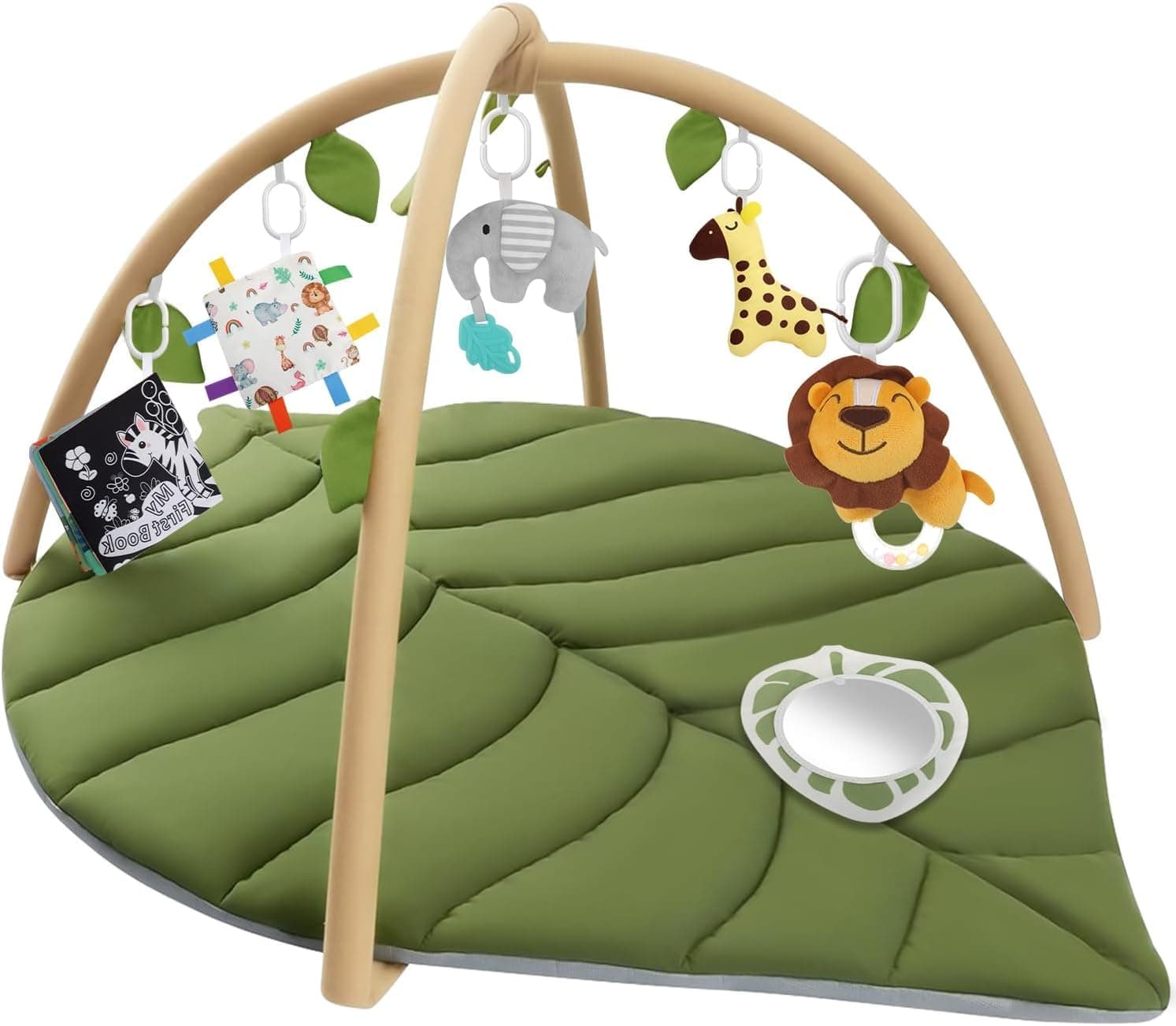 Baby Gym Play Mat, Oversize Leaf Shaped Activity Gym Playmat with 6 Detachable Toys, Tummy Time Mats Motor Skills & Sensory Development Mat High Contrast Toys & Self-Discovery Mirror