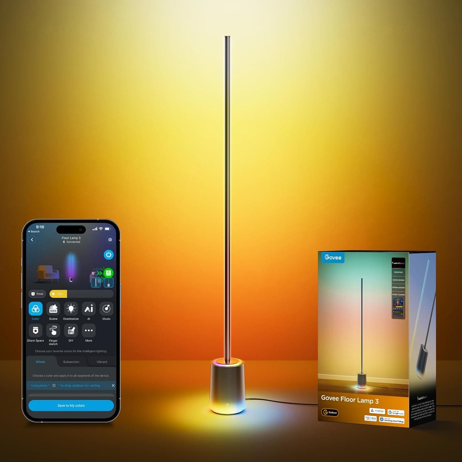 Govee Floor Lamp 3 with Luminblend+ Technology,RGBWWIC 2100lm Standing Lamp | Work with Matter,1000-10000K Modern Floor Lamp for Living Room, Bedroom, Corner Lamp with Dynamic Scenes