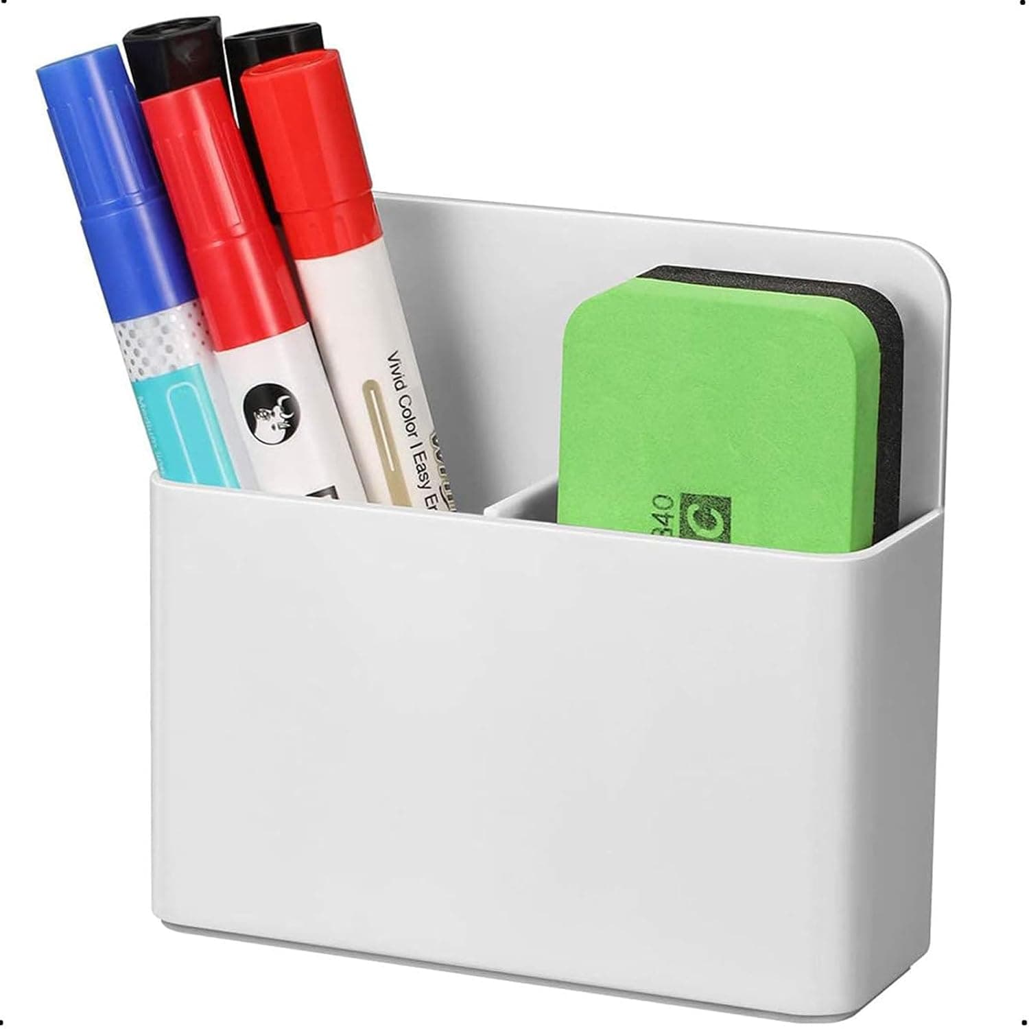 ALMEKAQUZ Magnetic Dry Erase Marker Holder, Pen and Eraser Holder for Whiteboard, Magnet Pencil Cup Storage Organizer for Office, Home, Fridge, Locker and Metal Cabinets, White