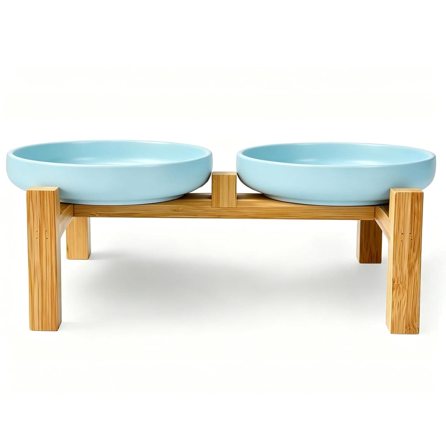 Shallow Elevated Cat Bowls with Bamboo Stand, 6.1 Inch Wide Ceramic Cat Dish Whisker Friendly, 2 Pack Pet Food and Water Plates