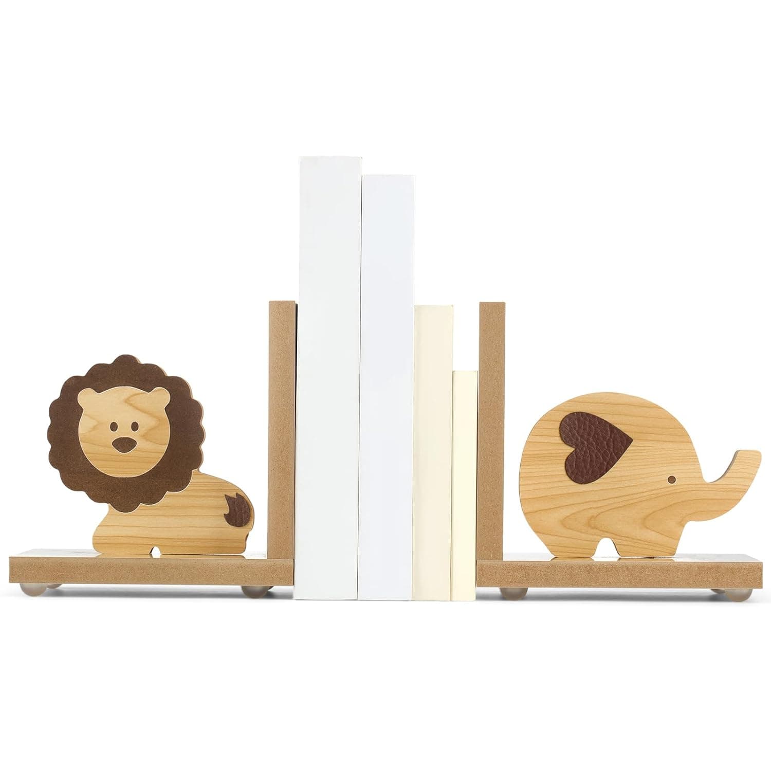 Harloon 2 Pcs Animal Bookends Safari Decor Wooden, Lion Elephant | Safari Themed Design with Natural Wood, Sturdy Base for Organizing Books on Bookshelf, Decorative Bedroom Accent