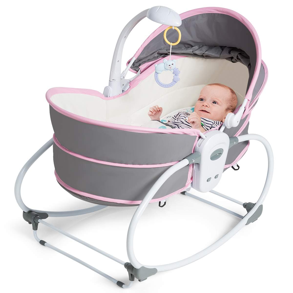 Costzon 5 in 1 Baby Cradle Swing, Portable Newborn Gliding Bassinet with Detachable Canopy Music Toys Vibration, Rocking Infant Crib Sleeping Chair for Travel (Pink
