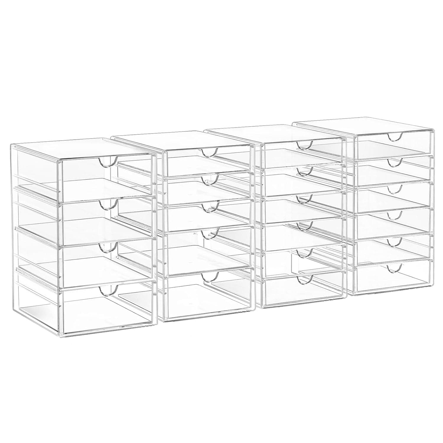 AMALEKO Acrylic Drawer Organizers - 21 Drawers 4 Set - Clear Storage Drawers for Office Supplies - Stackable Makeup Organizer - Dustproof Desk Organizers for Makeup, Jewelry, Pen, Stationary