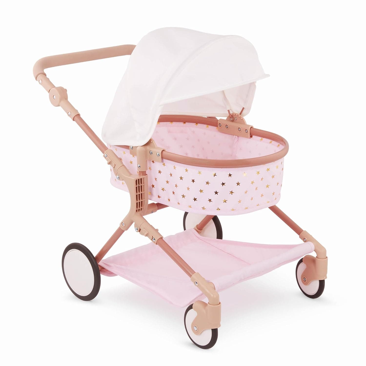 LullaBaby – Twin Doll Stroller – Pink Toy Stroller With Gold Stars – Foldable Canopy, Swivel Wheels & Storage Basket – Baby Doll Accessories – Toys For Kids Ages 2 & Up – Double Doll Stroller