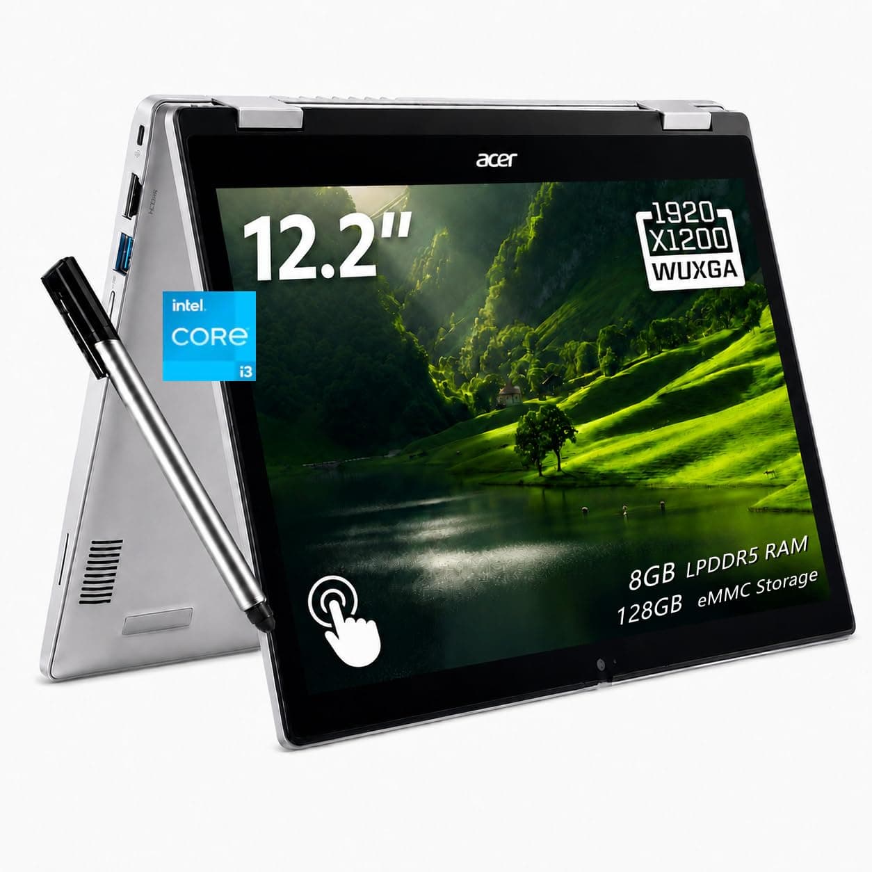 Acer Chromebook Spin 312 2-in-1 Laptop, 12.2" 1920 x 1200 (WUXGA) Touchscreen, Intel i3-N305 Processor, 8GB LPDDR5 RAM, 128GB eMMC Storage, ChromeOS, Wi-Fi 6E, Silver, TWE 16GB USB Pen