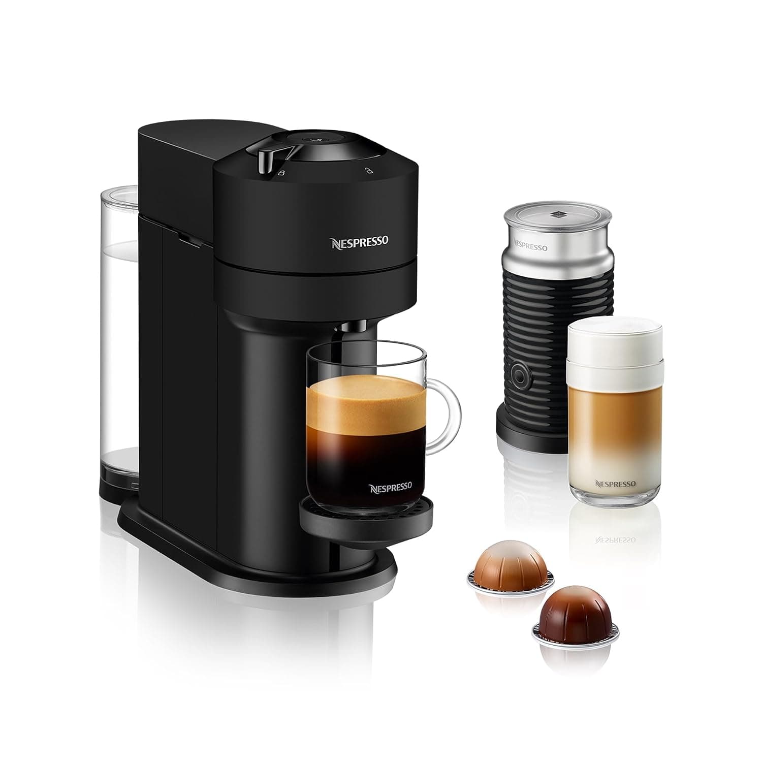 Nespresso Vertuo Next GCV1 Capsule Coffee Machine, With Aeroccino 3 Milk Frother for Cappuccino & Latte, Brews 7 Cup Sizes for Black Coffee, 1.1 L, Matt Black