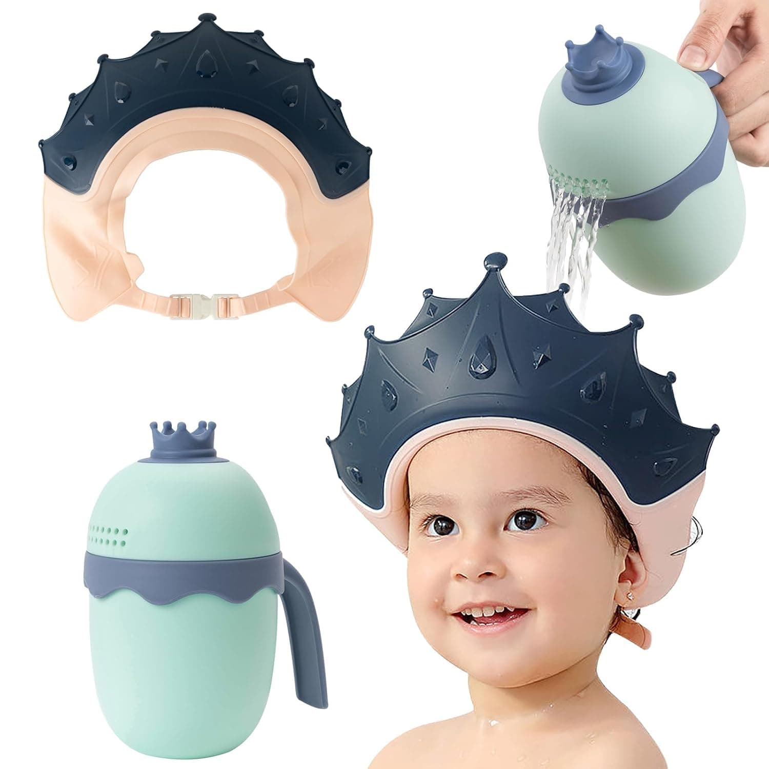 FUNUPUP Children's Shower Cap, Adjustable Crown Shape, Washing, Child Protection, Shield for Eyes and Ears (Hair Washing Cup, Blue)