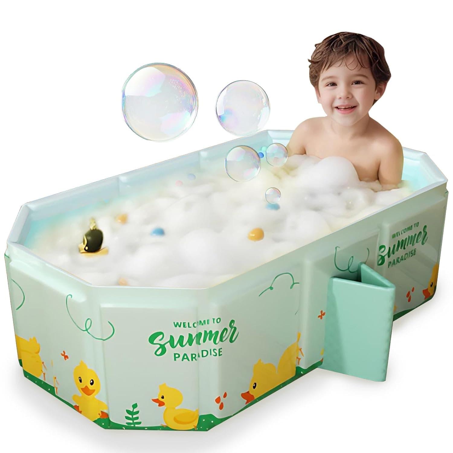 Foldable Bathtub for Babies, Portable Shower Includes 5 Balls and 4 Ducks Large Bathtub with Drain Plug for Babies from 0 to 8 Years, Green